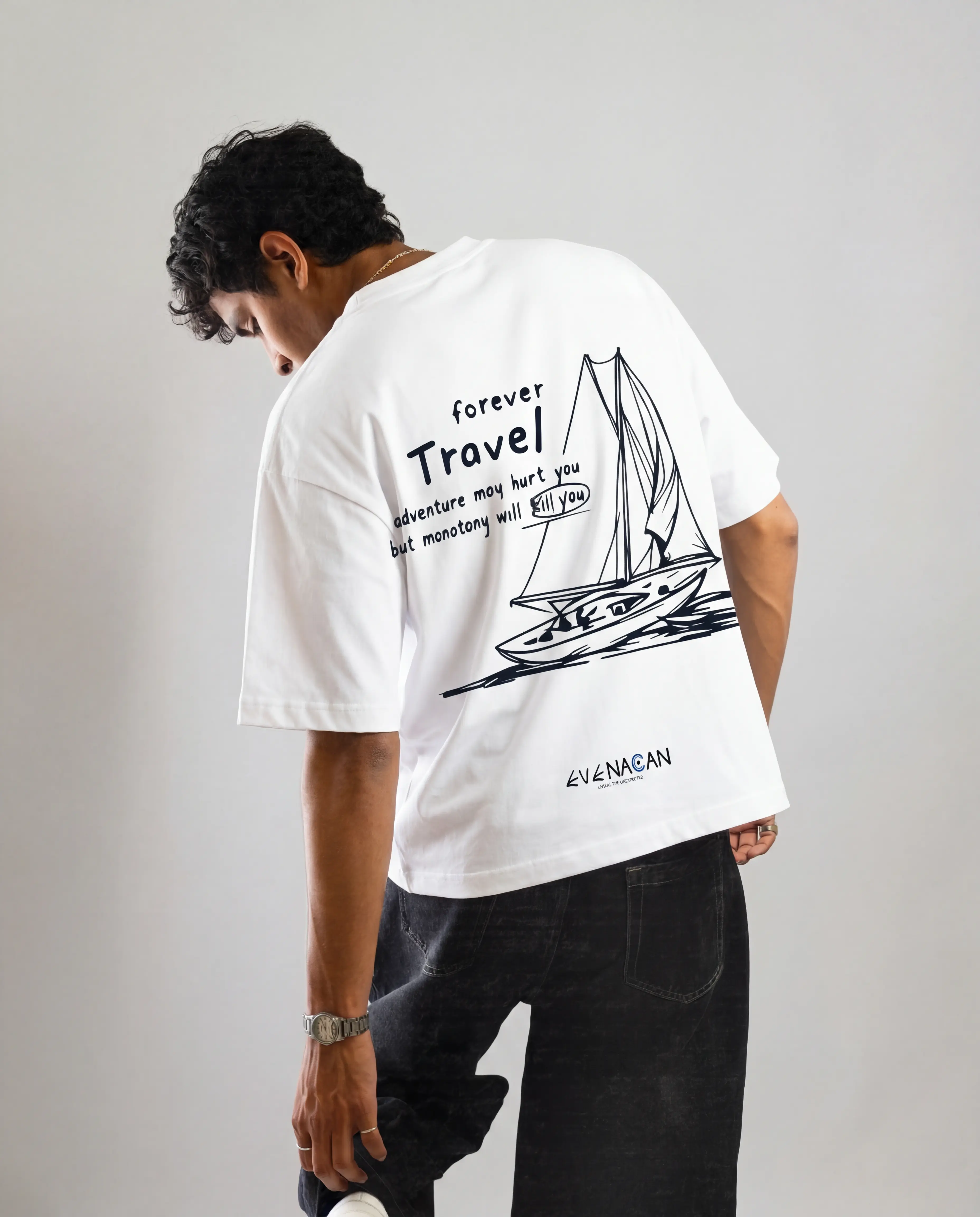 EVENACAN Wanderlust white oversized tee with sailboat graphic