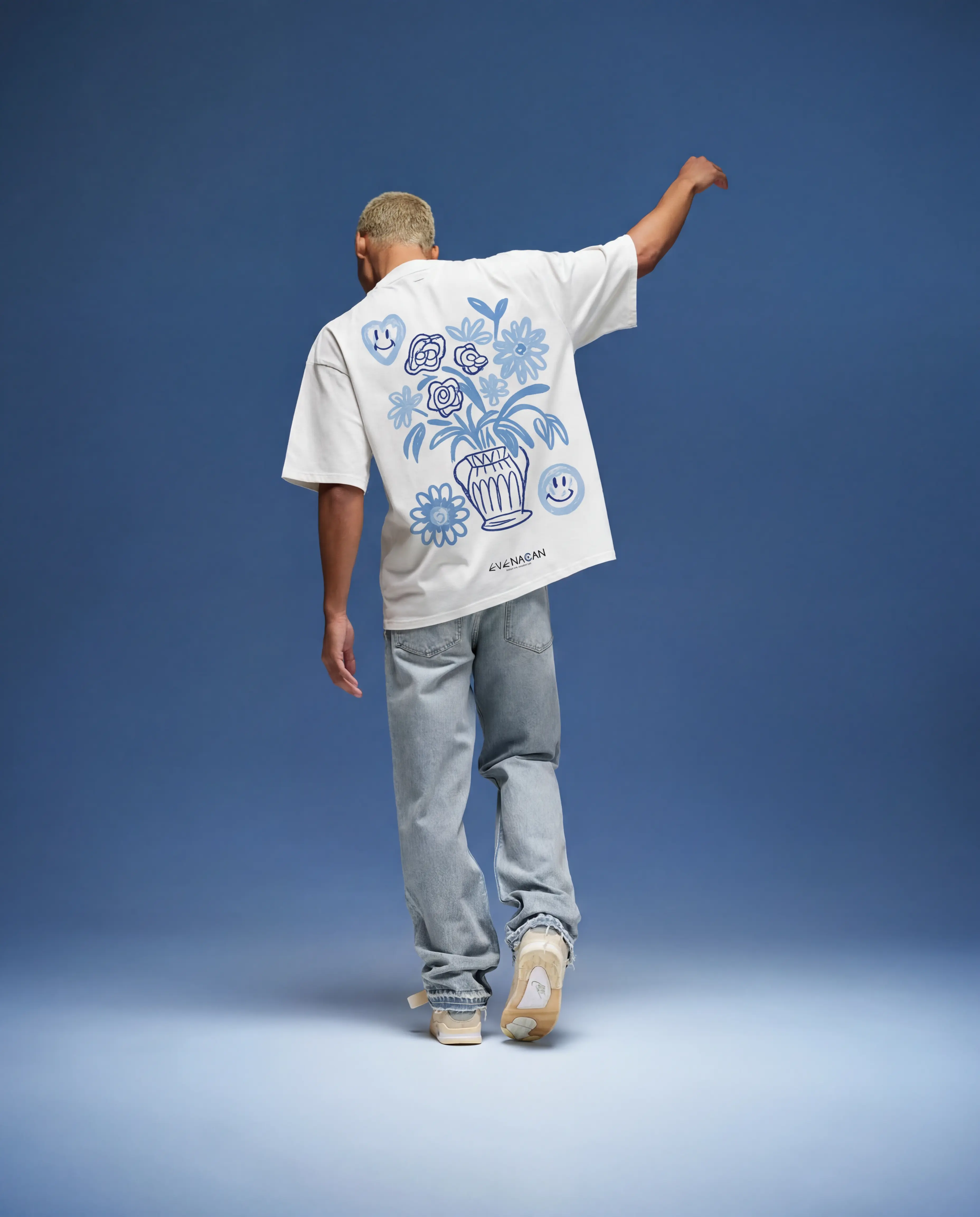 EVENACAN Athena Garden white oversized tee with blue vase floral graphic