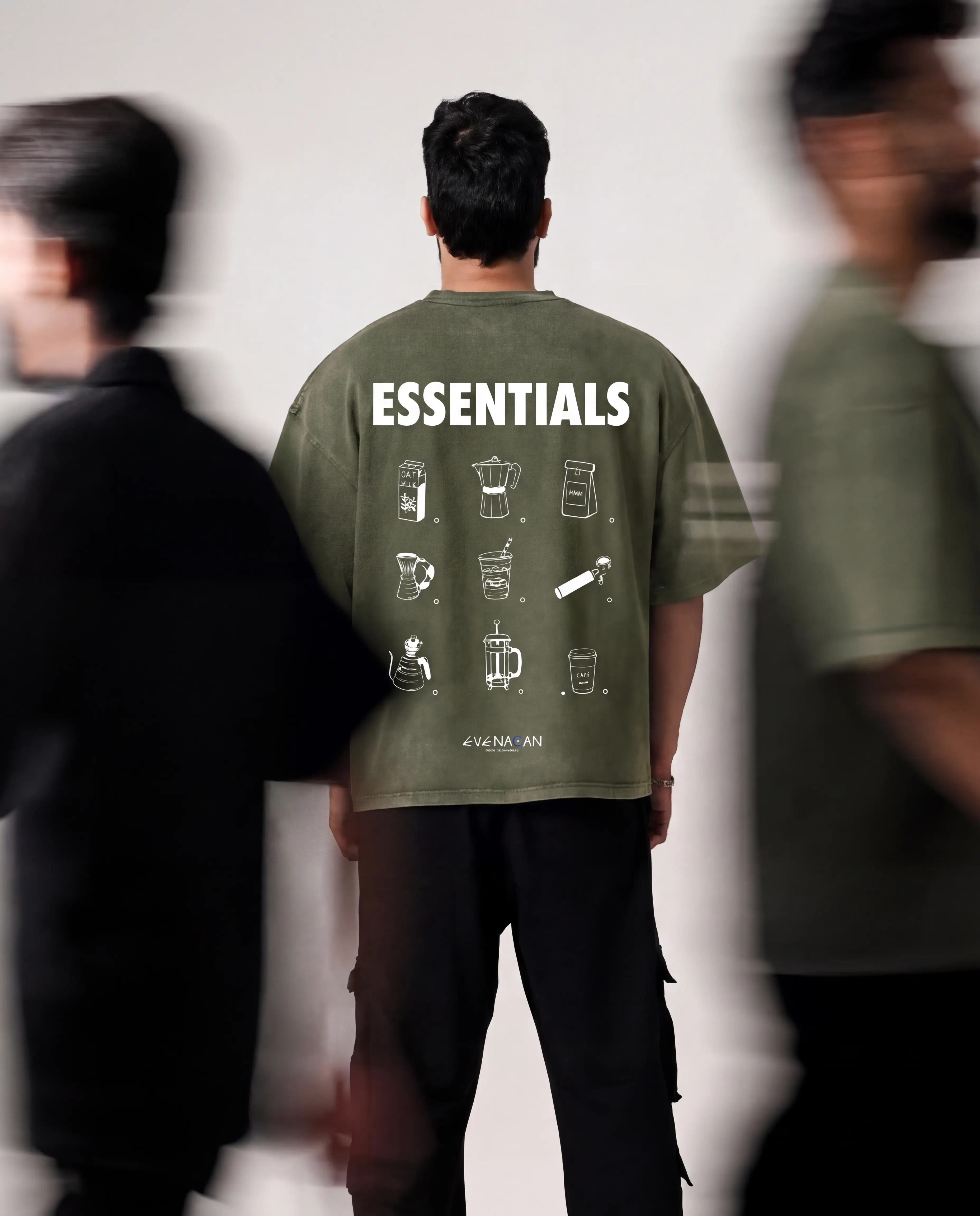 EVENACAN Morning Brew army green oversized tee with coffee brewing tools graphic