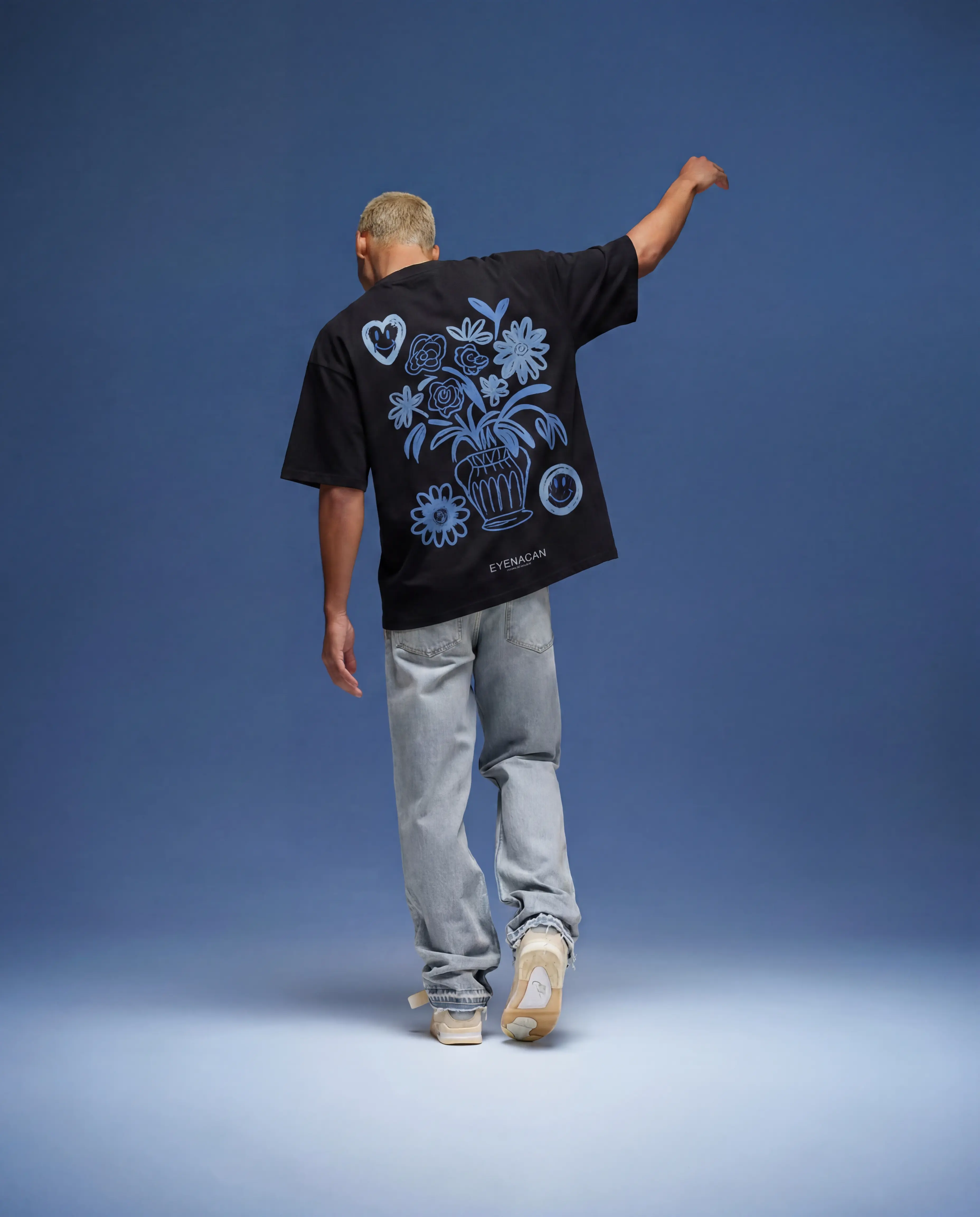 EVENACAN Athena Garden black oversized tee with blue vase floral graphic